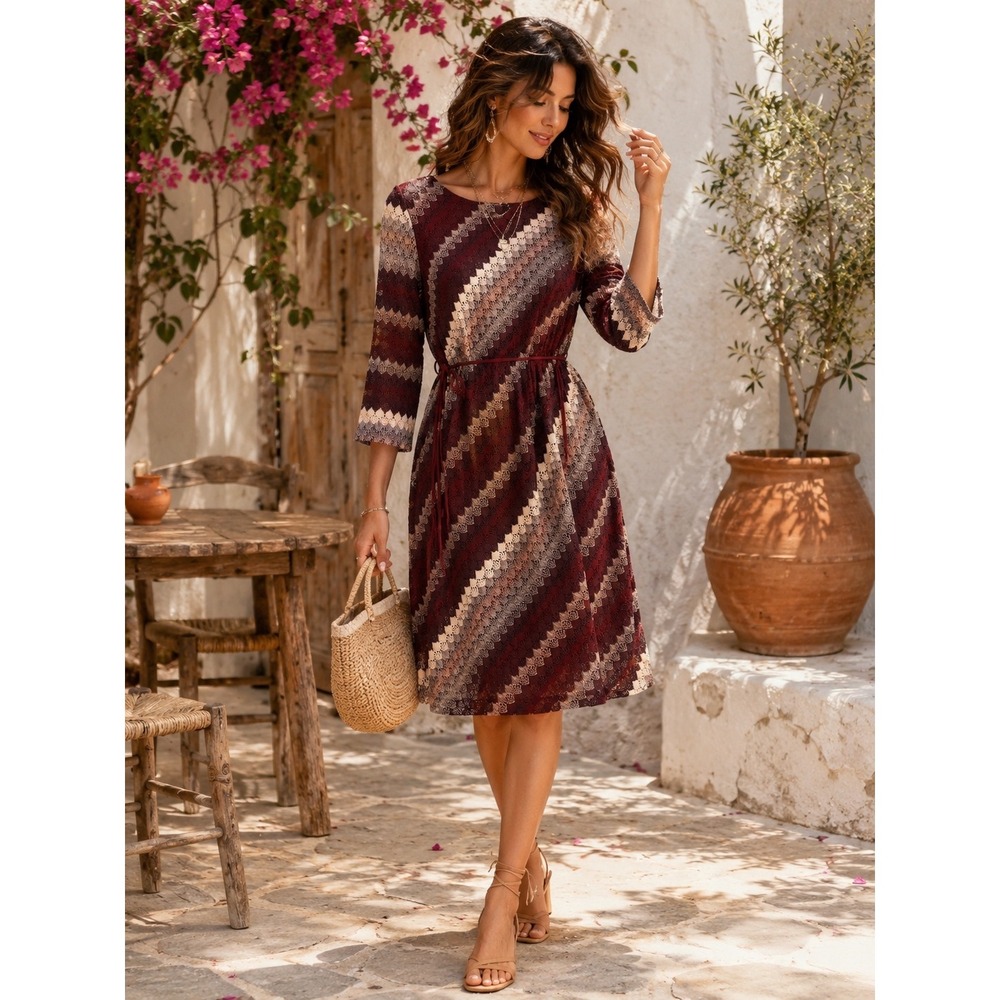 Studio One New York Burgundy Lace Chevron 3/4 Sleeve Belted A-Line Dress Size 8
